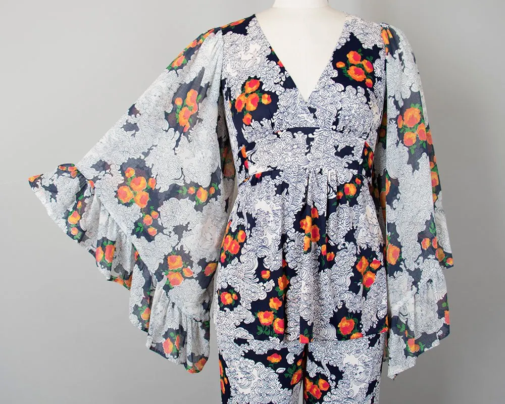 1970s Lady Novelty Print Angel Sleeve Set | x-small/small