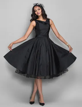 A-Line Cocktail Dresses Vintage Dress Halloween Knee Length Sleeveless V Neck Taffeta with Pleats Crystals