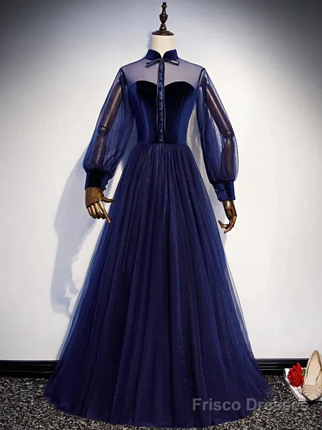 A-Line Prom Dresses Vintage Dress Party Wear Floor Length Long Sleeve Stand Collar Tulle With Bow(S) Strappy