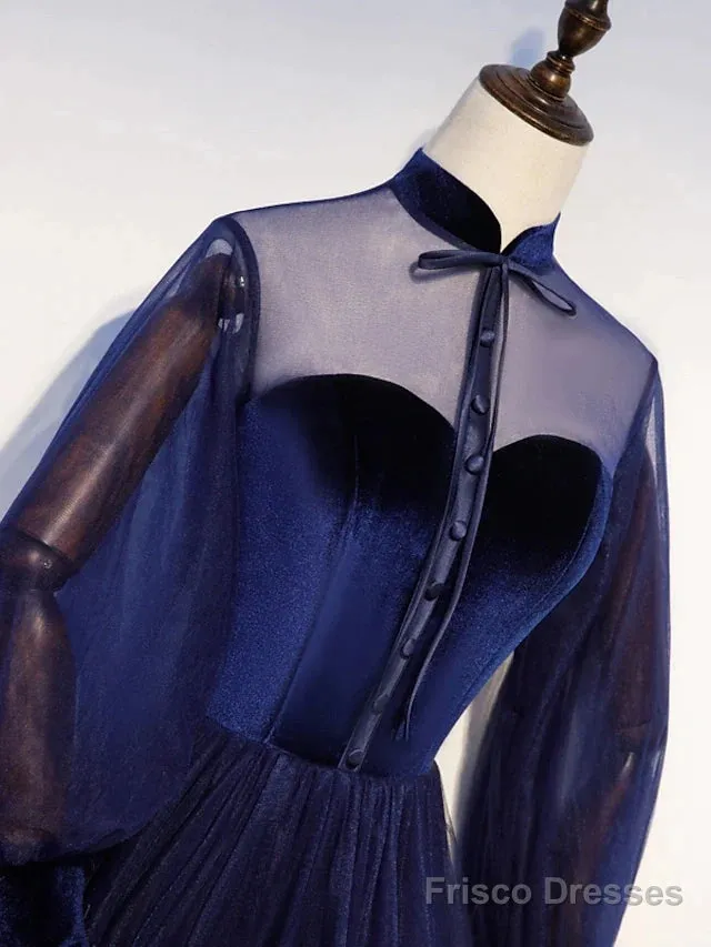 A-Line Prom Dresses Vintage Dress Party Wear Floor Length Long Sleeve Stand Collar Tulle With Bow(S) Strappy