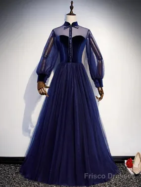 A-Line Prom Dresses Vintage Dress Party Wear Floor Length Long Sleeve Stand Collar Tulle With Bow(S) Strappy