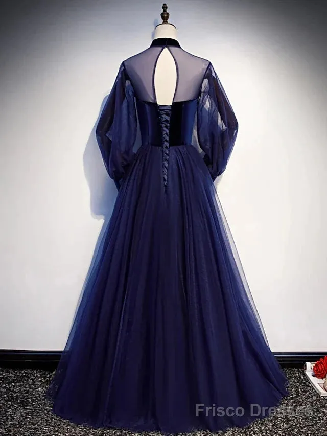 A-Line Prom Dresses Vintage Dress Party Wear Floor Length Long Sleeve Stand Collar Tulle With Bow(S) Strappy