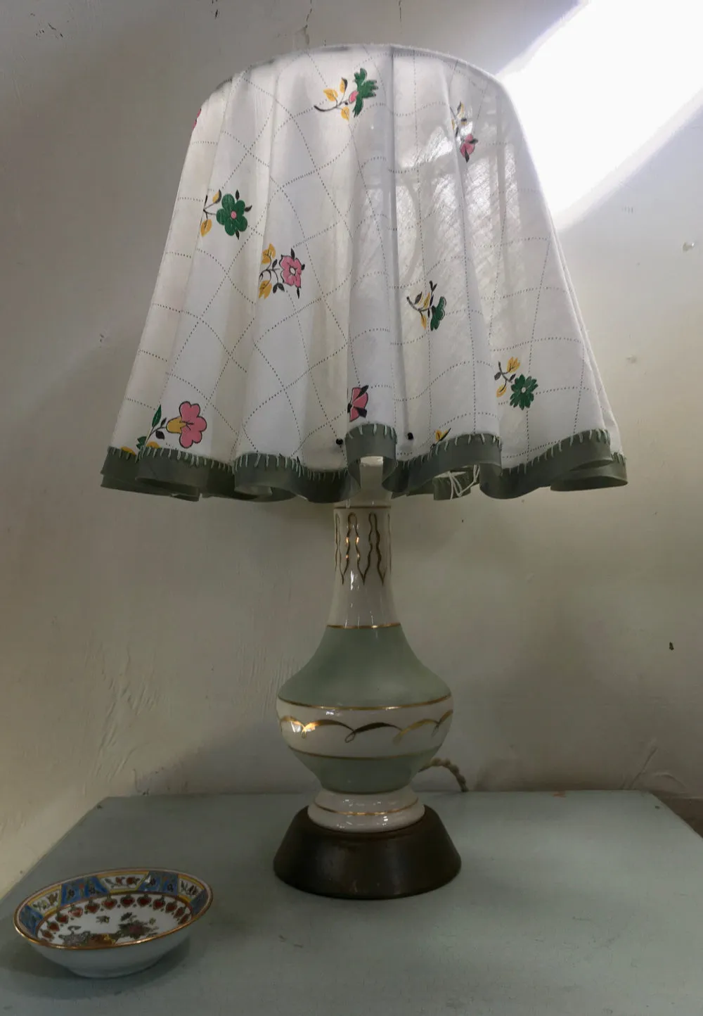 Amy's 50's celadon lamps with slipcover shades