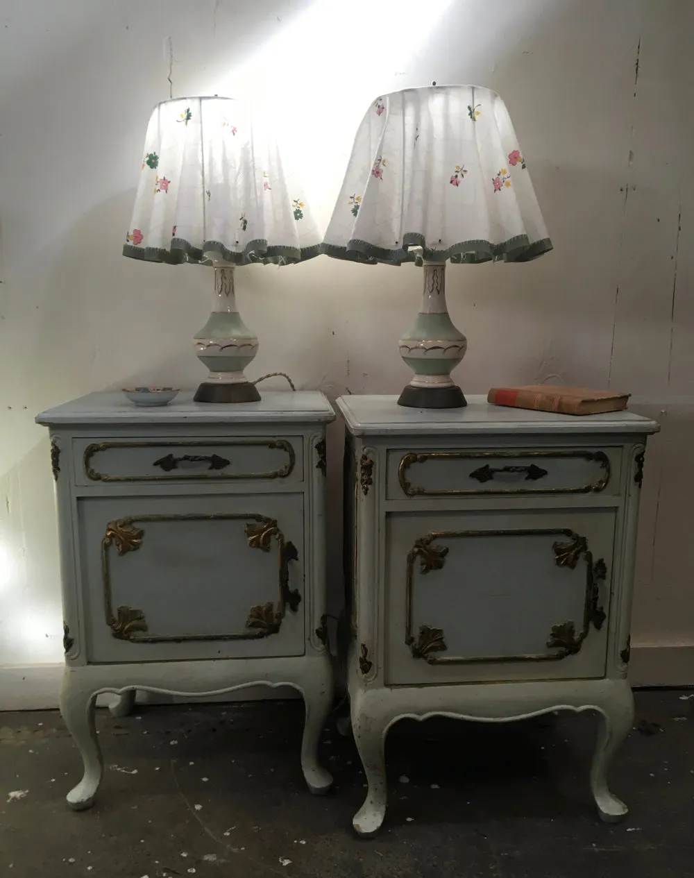 Amy's 50's celadon lamps with slipcover shades