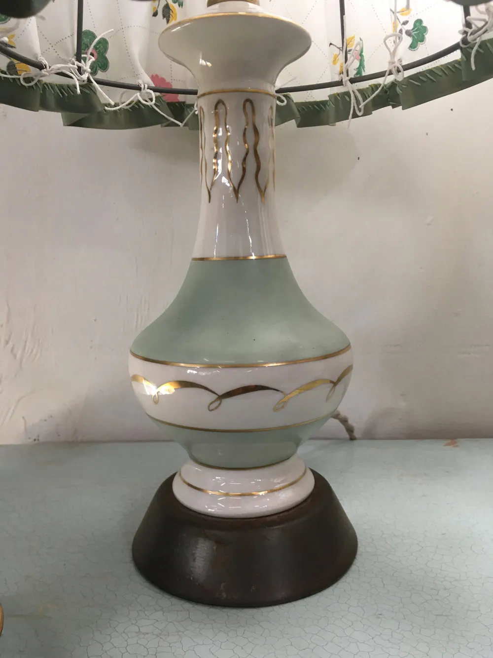 Amy's 50's celadon lamps with slipcover shades