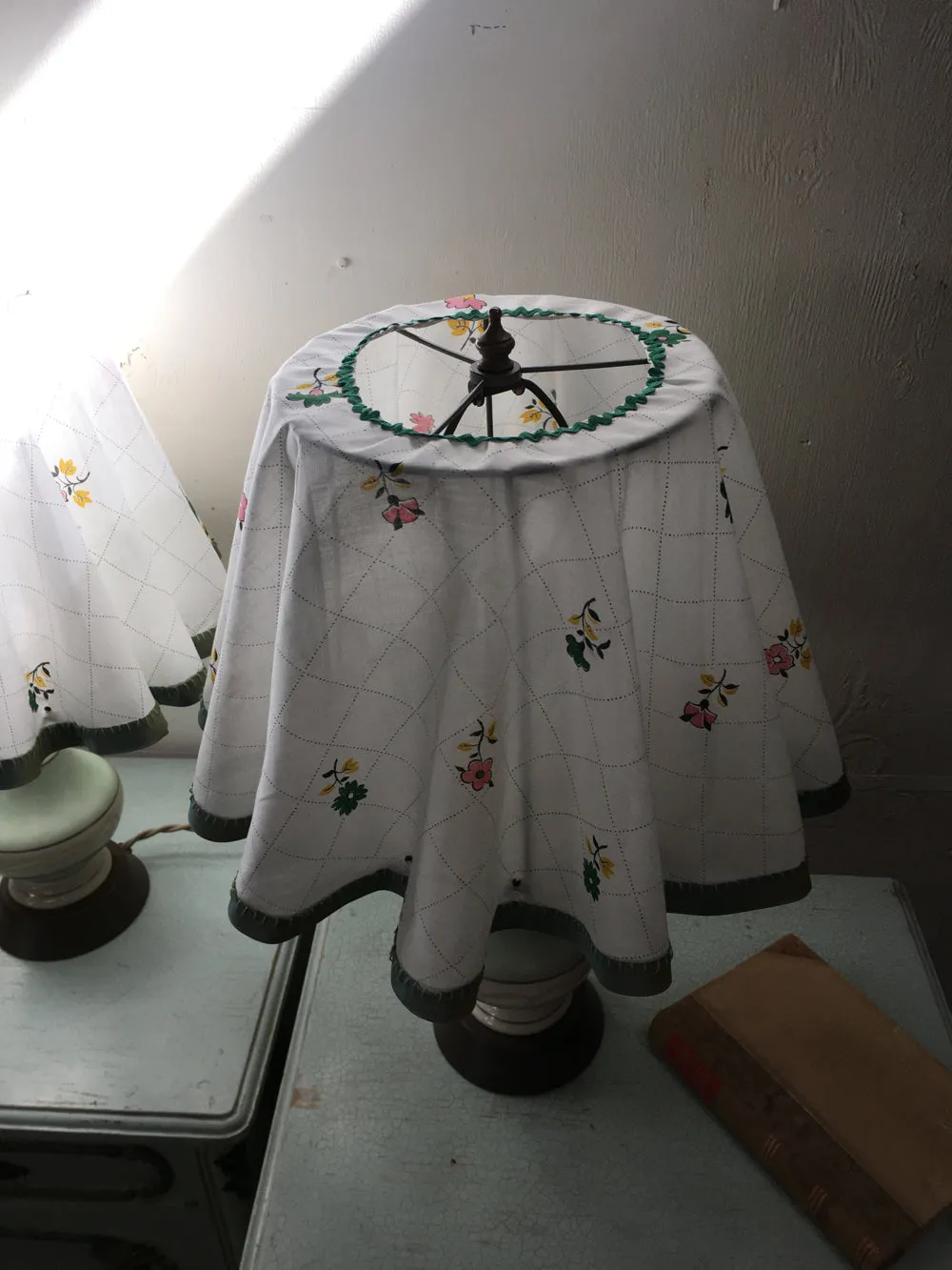 Amy's 50's celadon lamps with slipcover shades