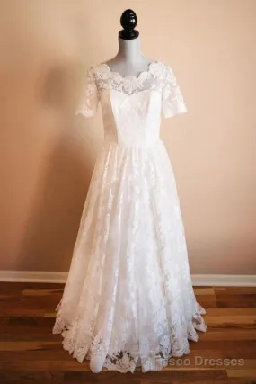 Boat Neck Short Sleeve Vintage Lace Floor Length Ivory Wedding Dresses