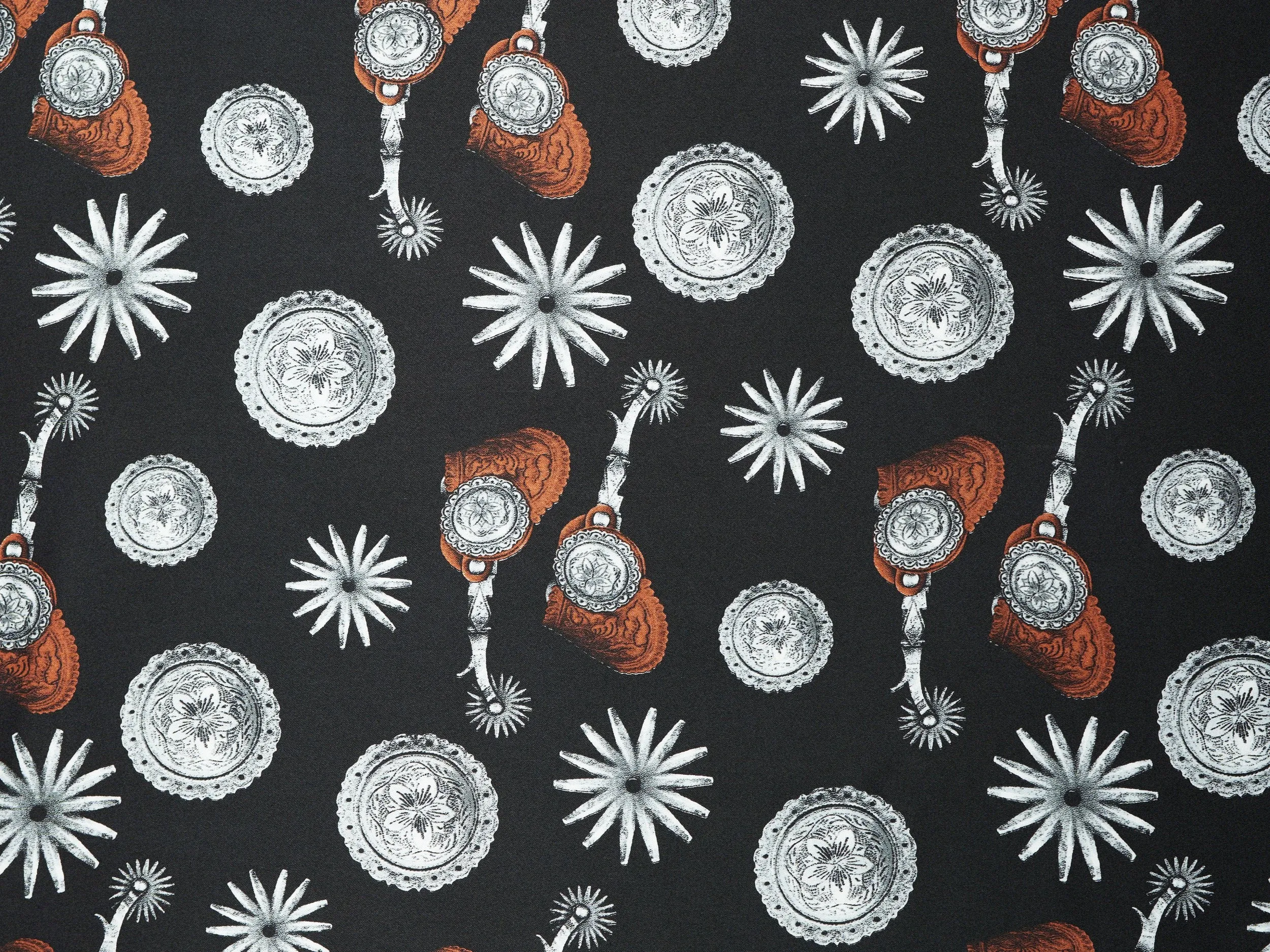 Charmeuse satin fabric by the yard -  MonSar exclusive Vintage Spurs and Rowels print