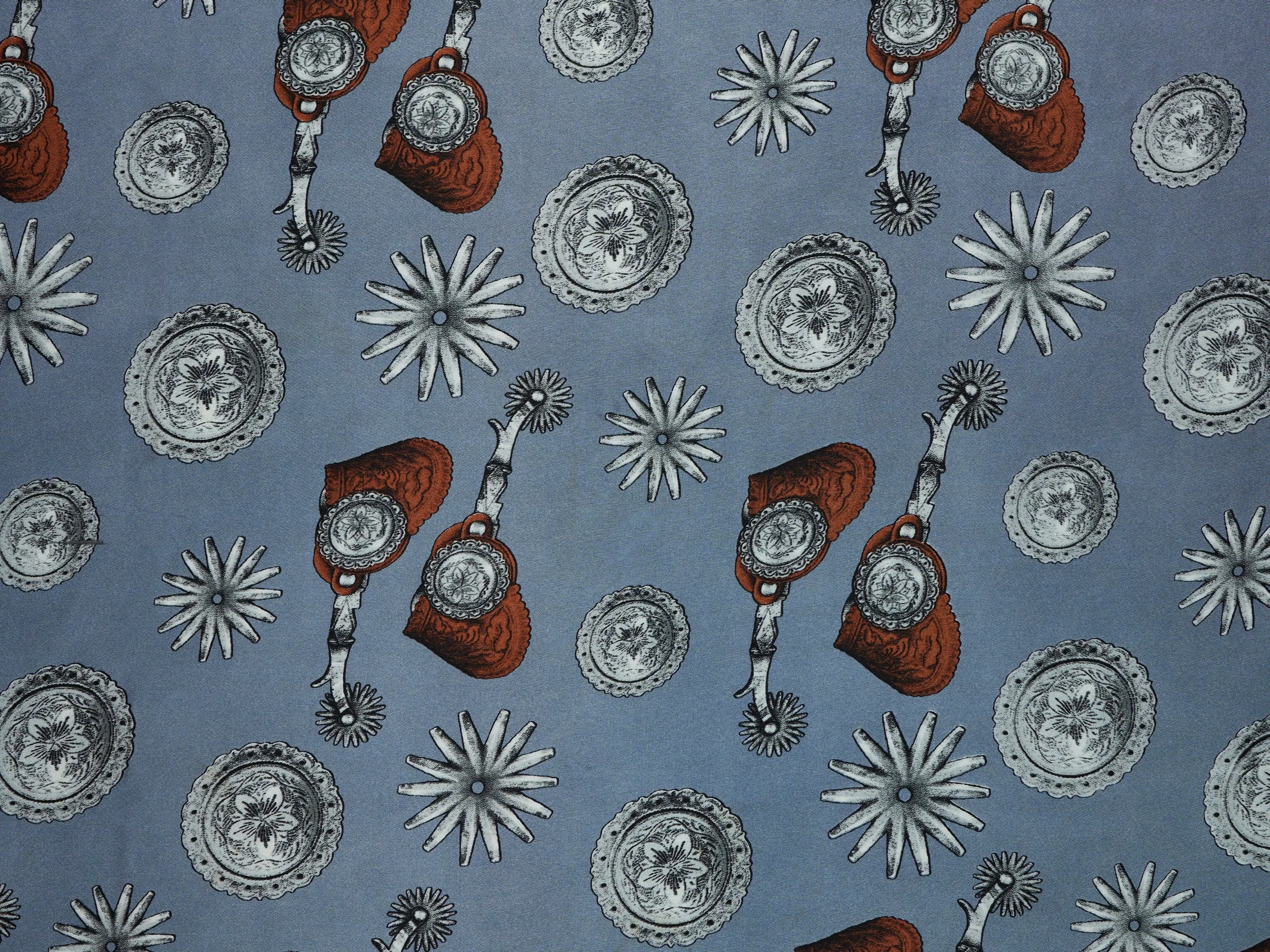 Charmeuse satin fabric by the yard -  MonSar exclusive Vintage Spurs and Rowels print