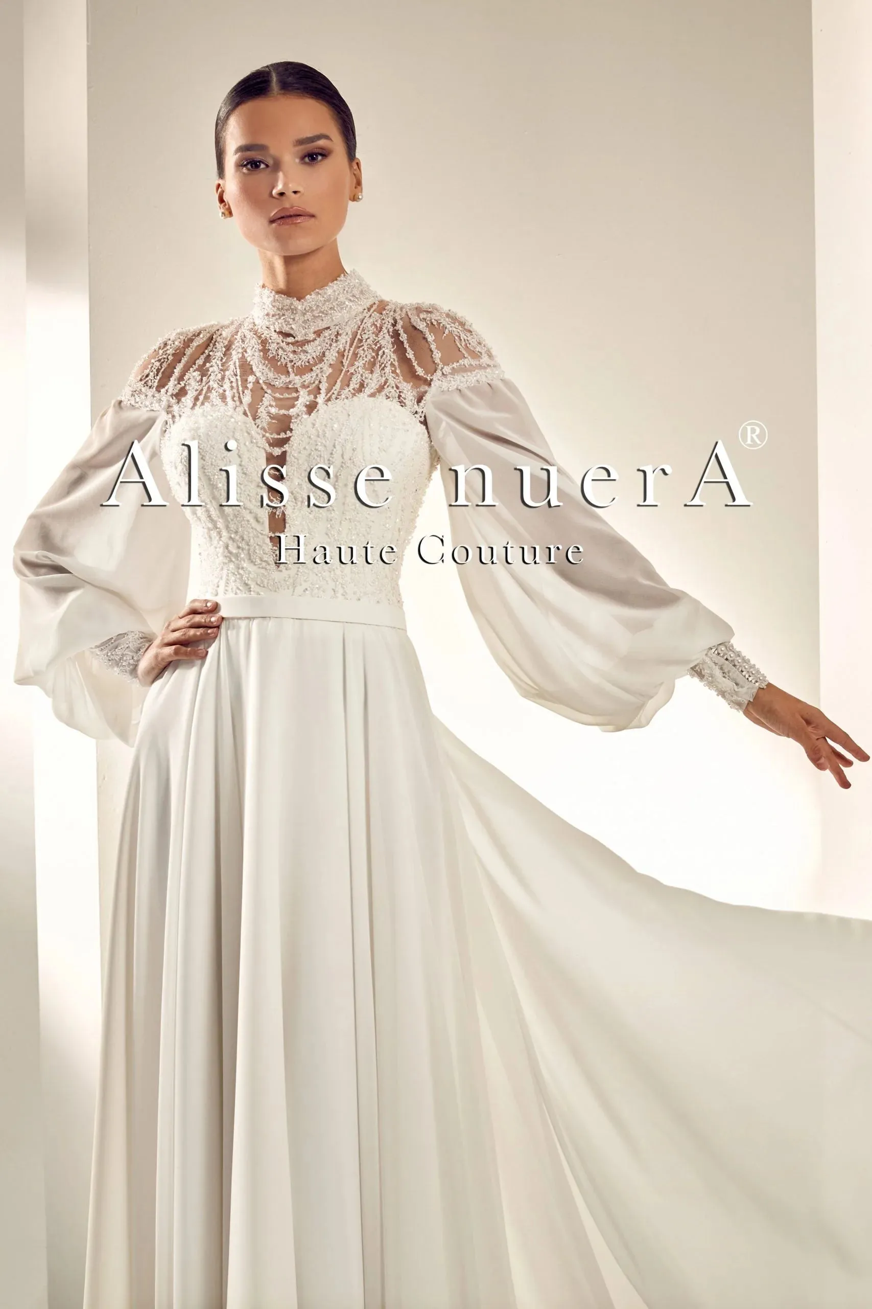 Chiffon Sleeve Turtleneck Wedding Dress with Pearl Stone Beadwork