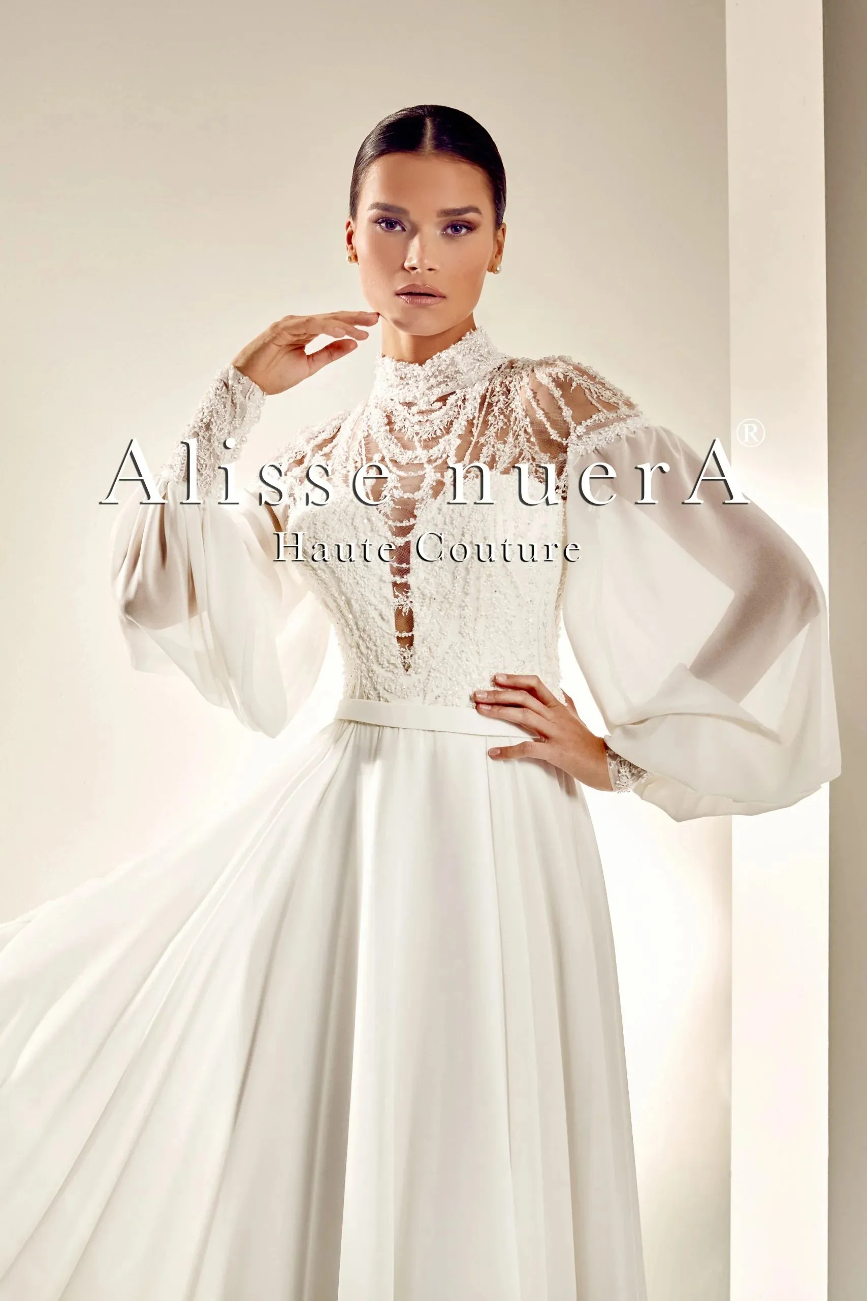 Chiffon Sleeve Turtleneck Wedding Dress with Pearl Stone Beadwork