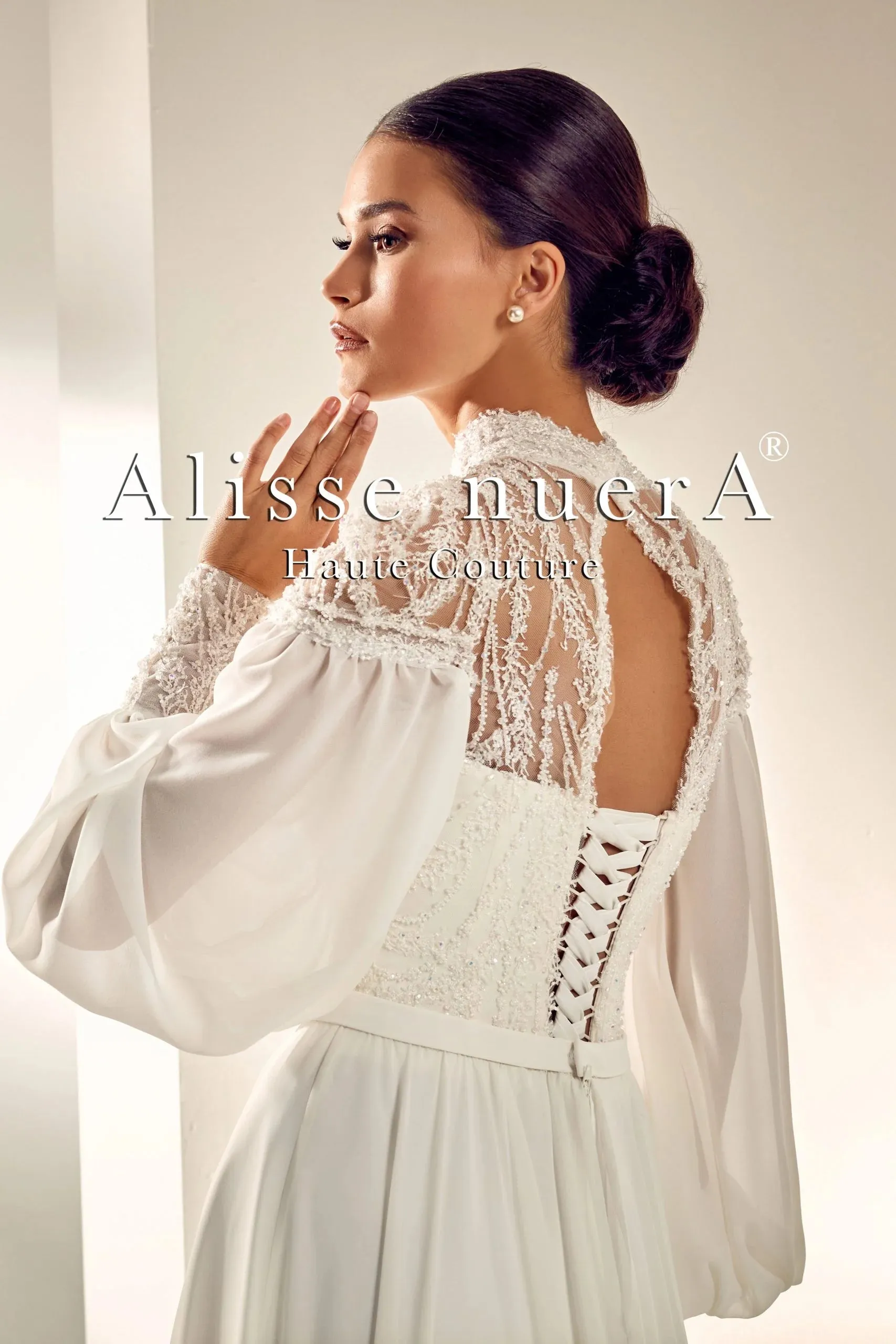 Chiffon Sleeve Turtleneck Wedding Dress with Pearl Stone Beadwork