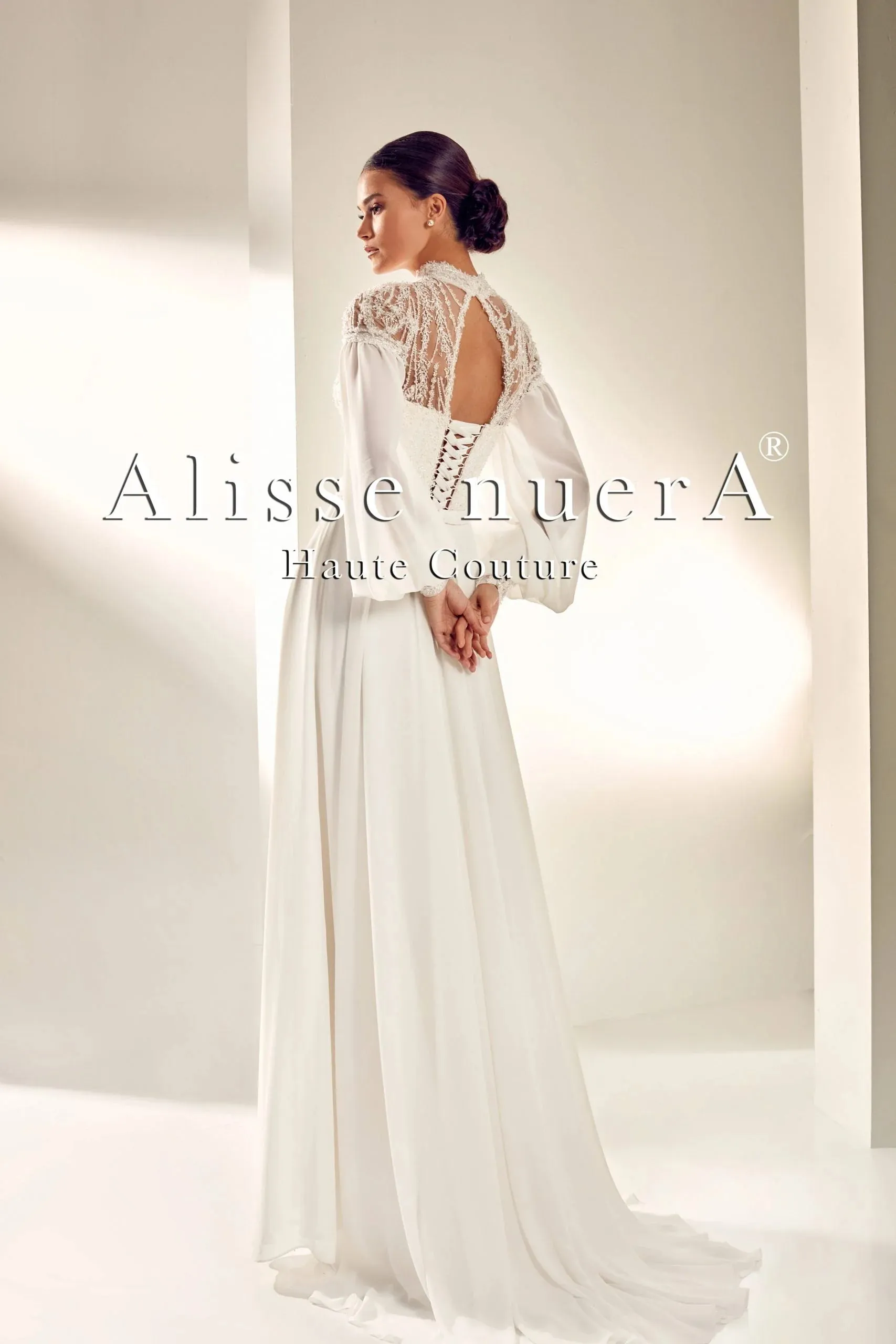 Chiffon Sleeve Turtleneck Wedding Dress with Pearl Stone Beadwork