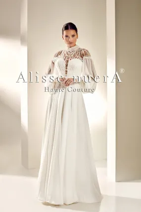 Chiffon Sleeve Turtleneck Wedding Dress with Pearl Stone Beadwork