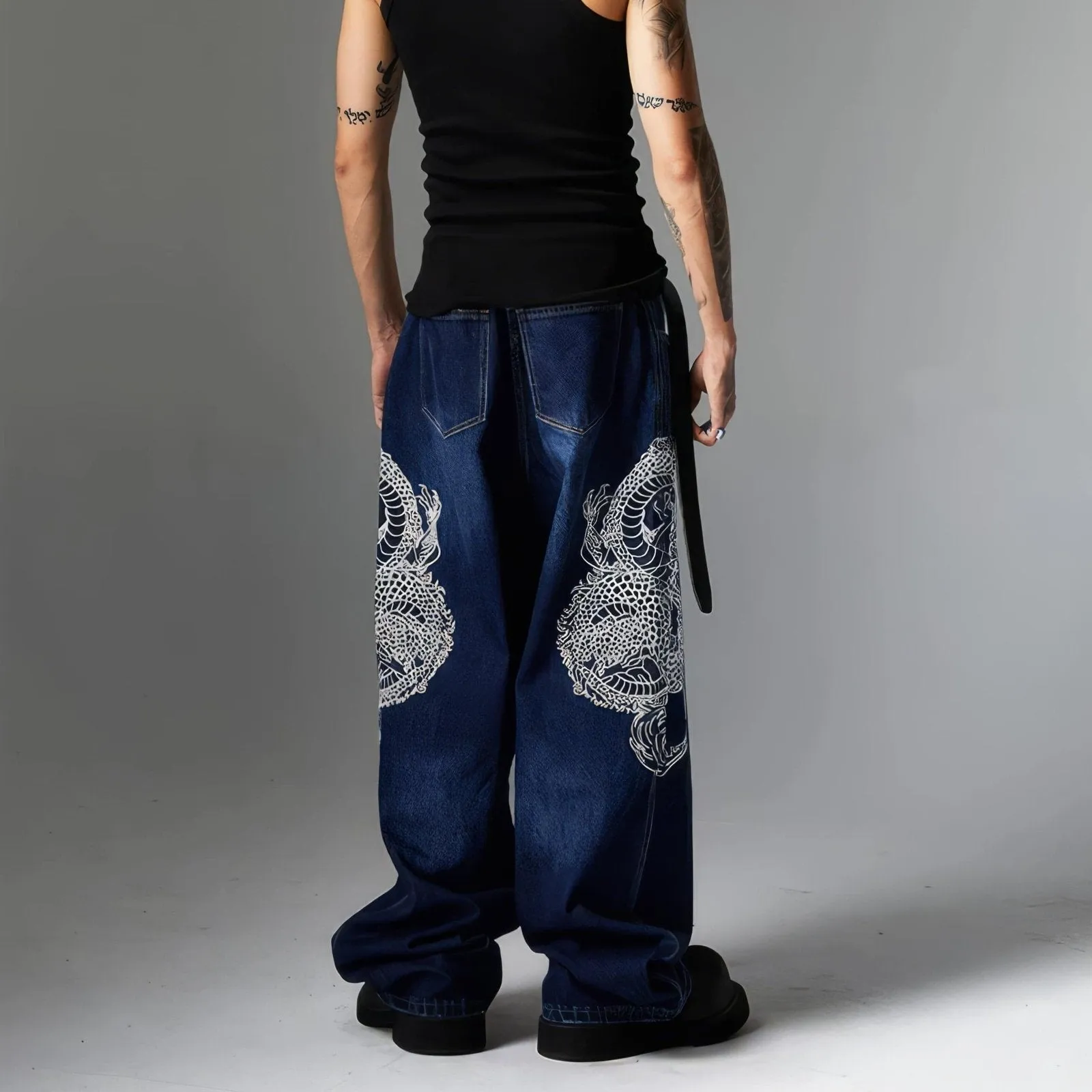 Double Dragon Embroidered Baggy Jeans