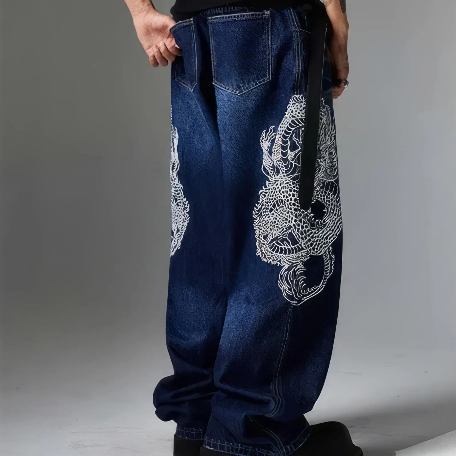 Double Dragon Embroidered Baggy Jeans