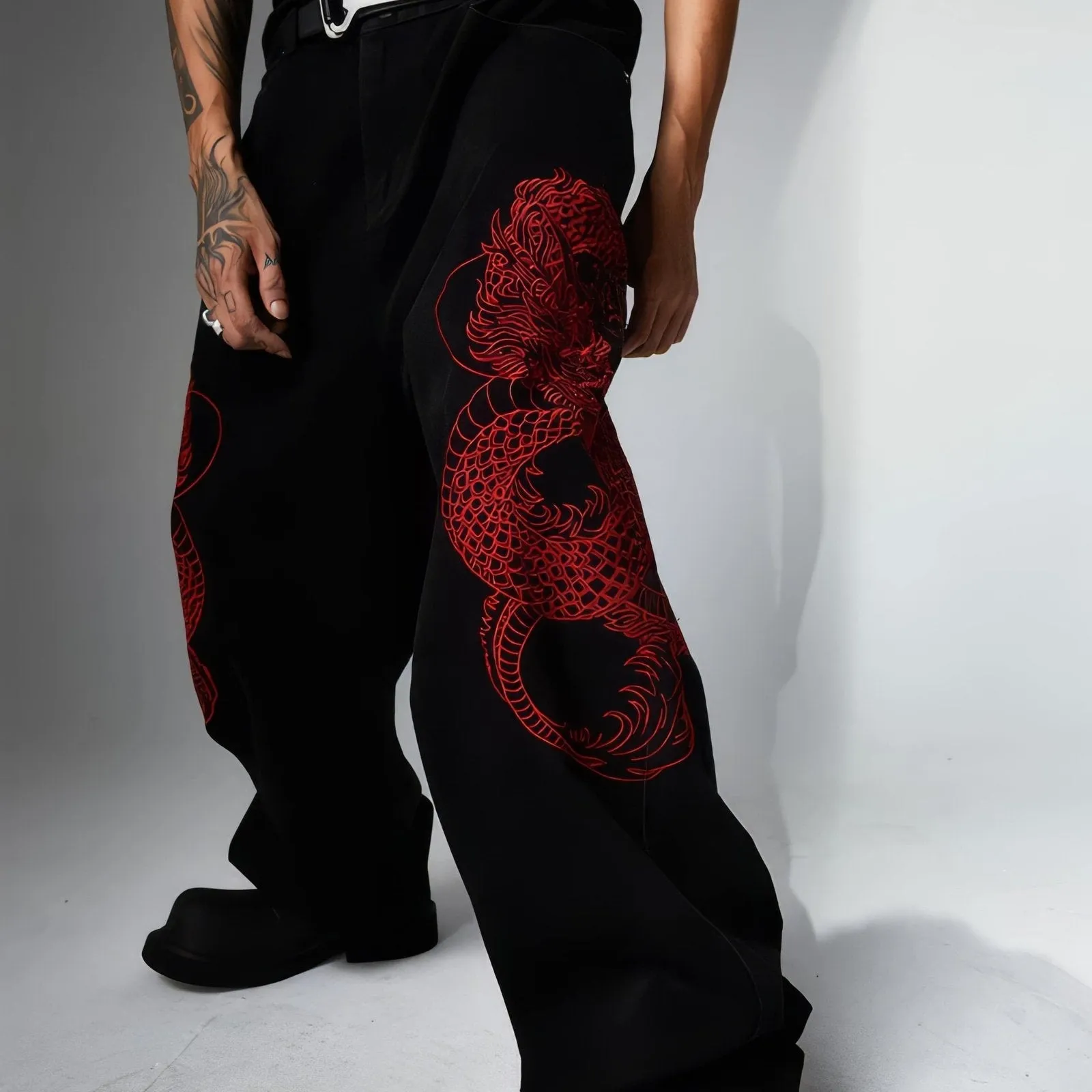 Double Dragon Embroidered Baggy Jeans