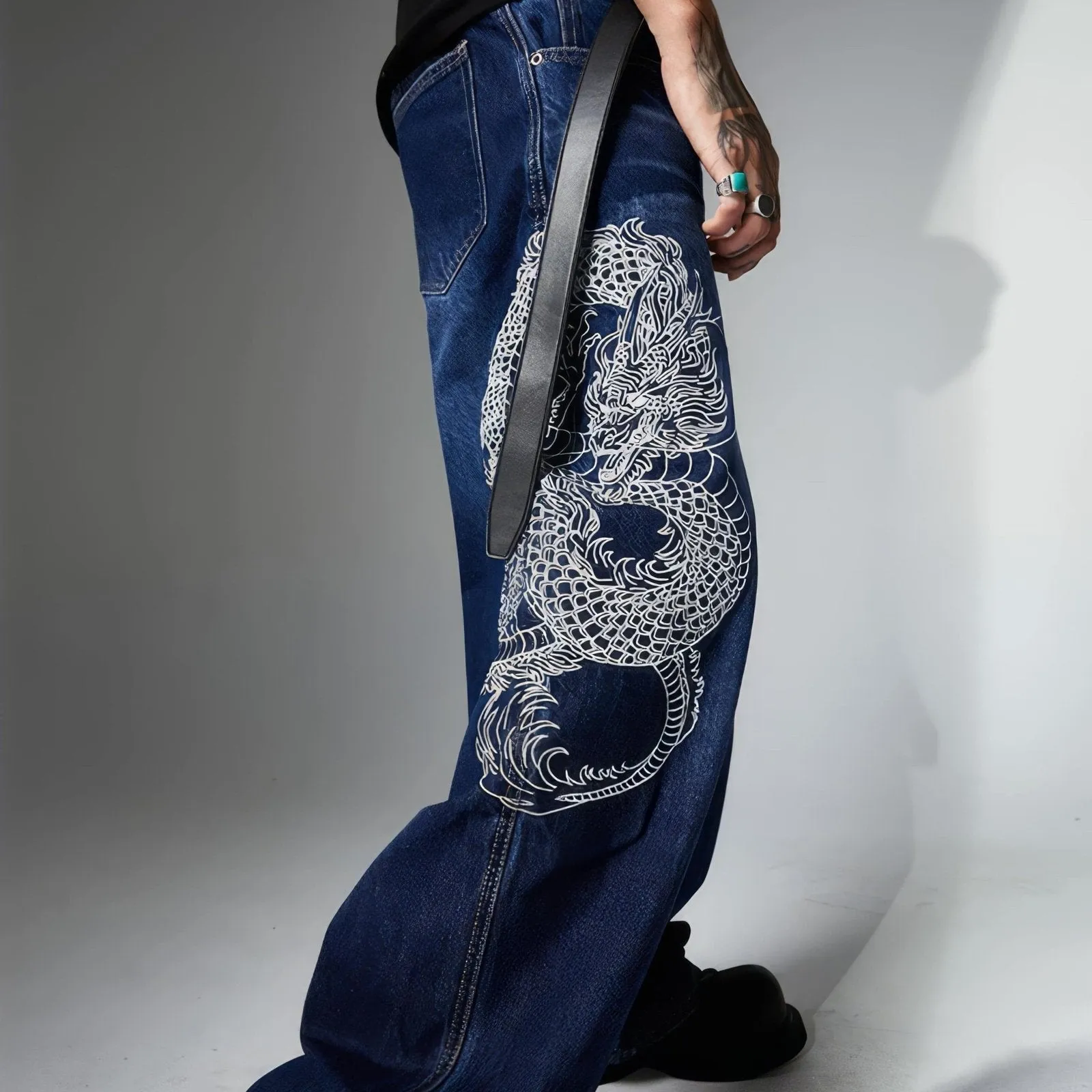 Double Dragon Embroidered Baggy Jeans
