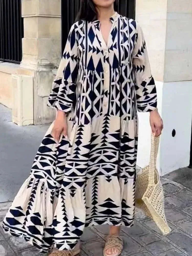 DressBetty - 2024 Elegant Vintage Floral Printed Boho Dress with Long Sleeves