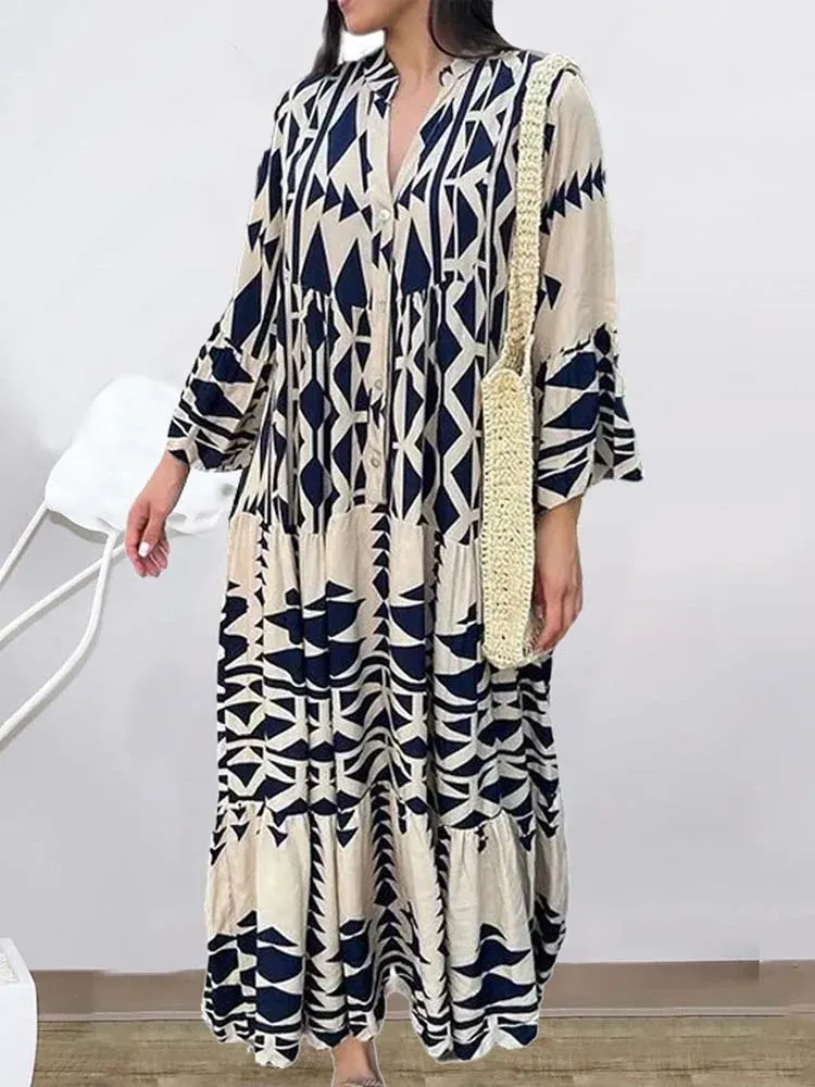 DressBetty - 2024 Elegant Vintage Floral Printed Boho Dress with Long Sleeves