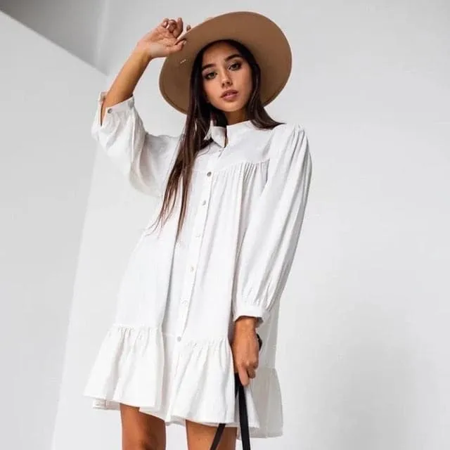 DressBetty - Women Vintage Ruffled Front Button A-line Dress Long Sleeve Stand Collar Solid Elegant Casual Mini Dress Autumn New Dress
