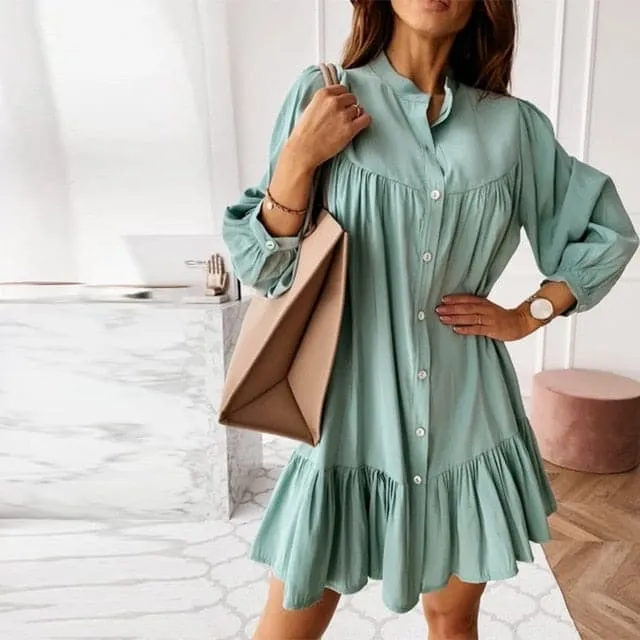 DressBetty - Women Vintage Ruffled Front Button A-line Dress Long Sleeve Stand Collar Solid Elegant Casual Mini Dress Autumn New Dress