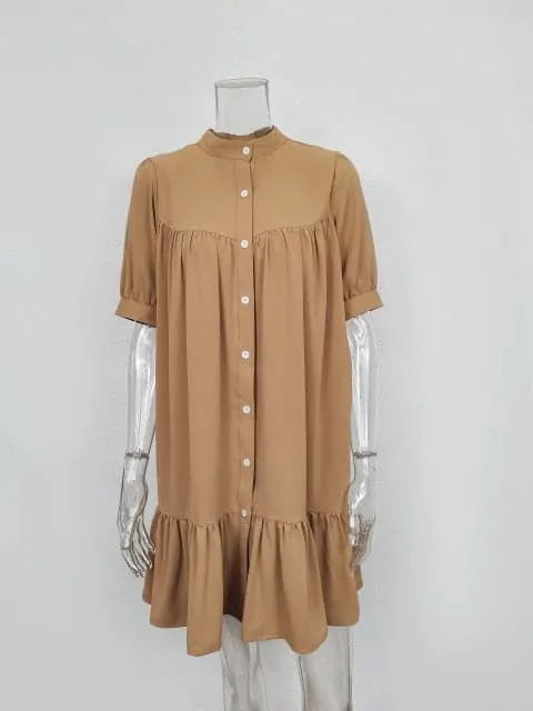 DressBetty - Women Vintage Ruffled Front Button A-line Dress Long Sleeve Stand Collar Solid Elegant Casual Mini Dress Autumn New Dress