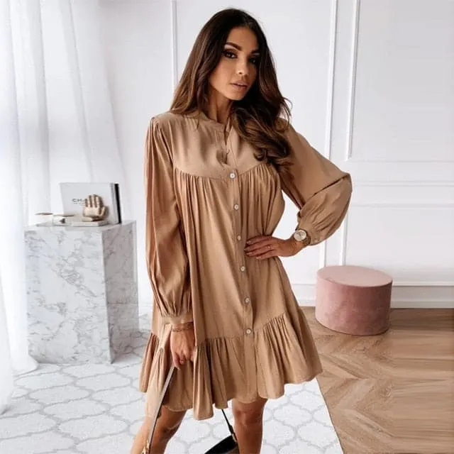 DressBetty - Women Vintage Ruffled Front Button A-line Dress Long Sleeve Stand Collar Solid Elegant Casual Mini Dress Autumn New Dress