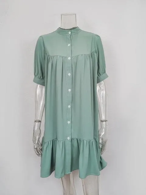 DressBetty - Women Vintage Ruffled Front Button A-line Dress Long Sleeve Stand Collar Solid Elegant Casual Mini Dress Autumn New Dress