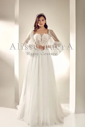 Illusion Back Vintage Bridal Dress with Polka Dot Tulle Lantern Sleeve