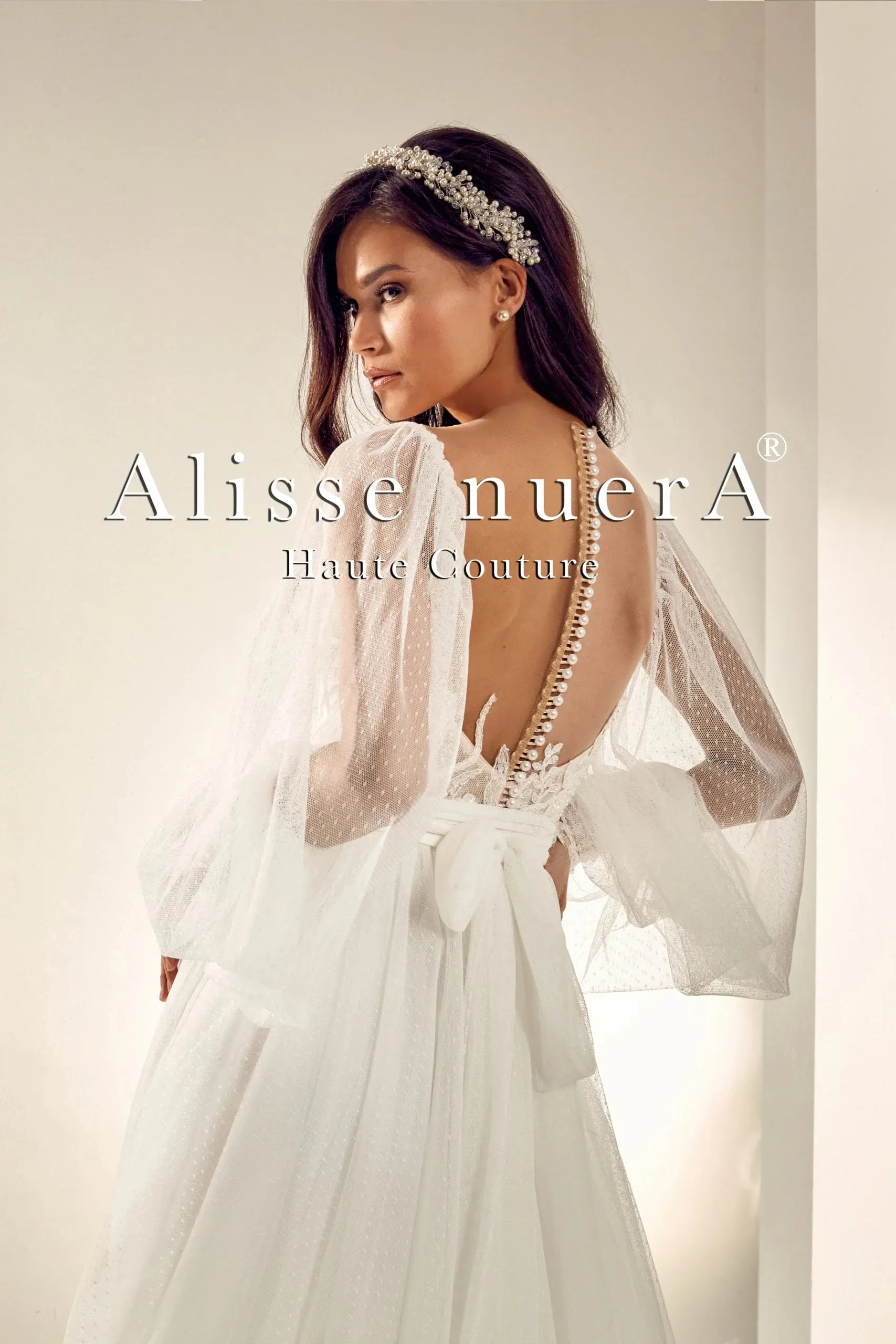 Illusion Back Vintage Bridal Dress with Polka Dot Tulle Lantern Sleeve