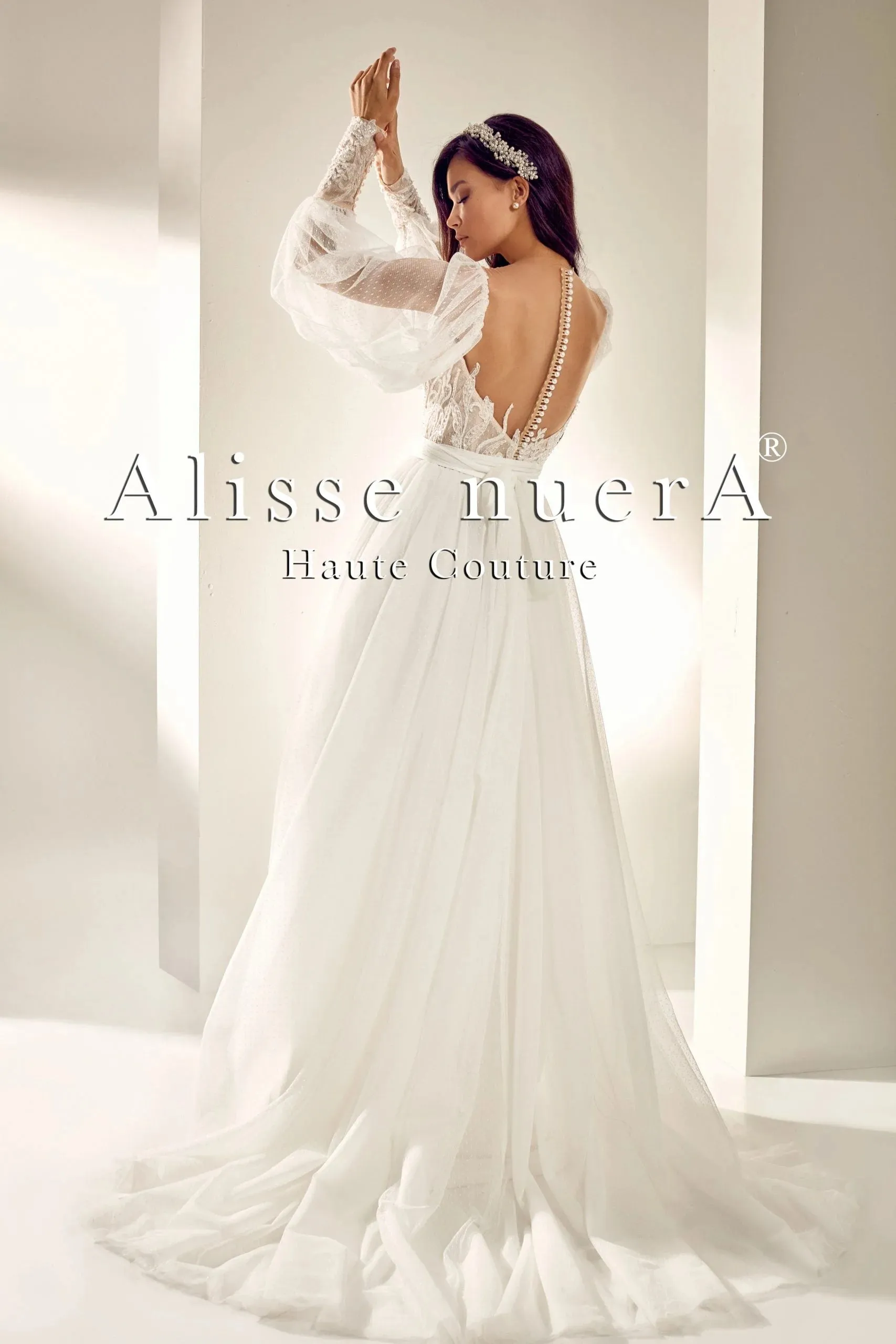 Illusion Back Vintage Bridal Dress with Polka Dot Tulle Lantern Sleeve