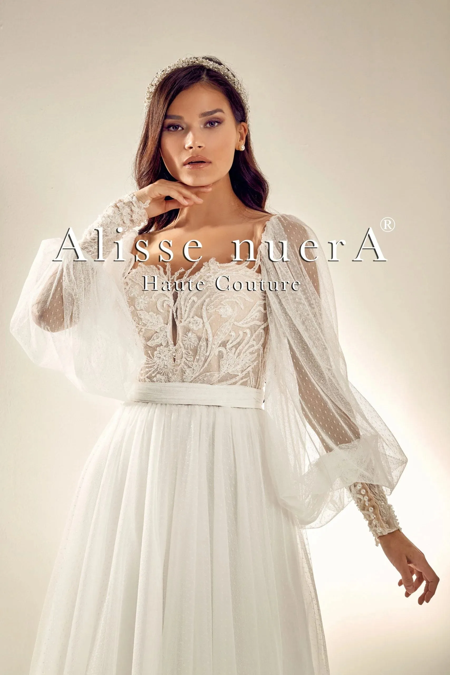 Illusion Back Vintage Bridal Dress with Polka Dot Tulle Lantern Sleeve