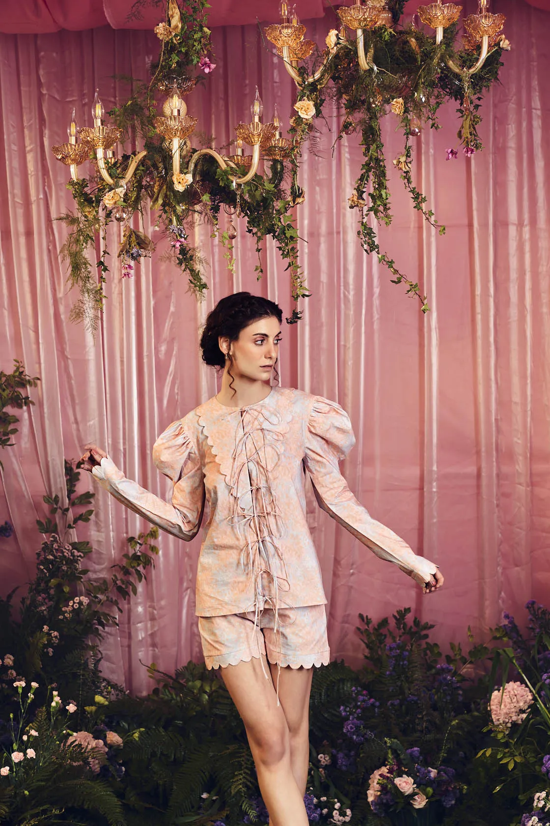 Multicolour Chaos Mutton Sleeves Top And Shorts Set