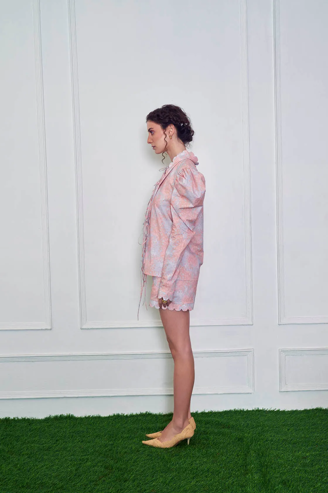 Multicolour Chaos Mutton Sleeves Top And Shorts Set