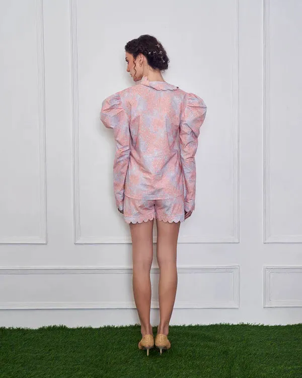 Multicolour Chaos Mutton Sleeves Top And Shorts Set