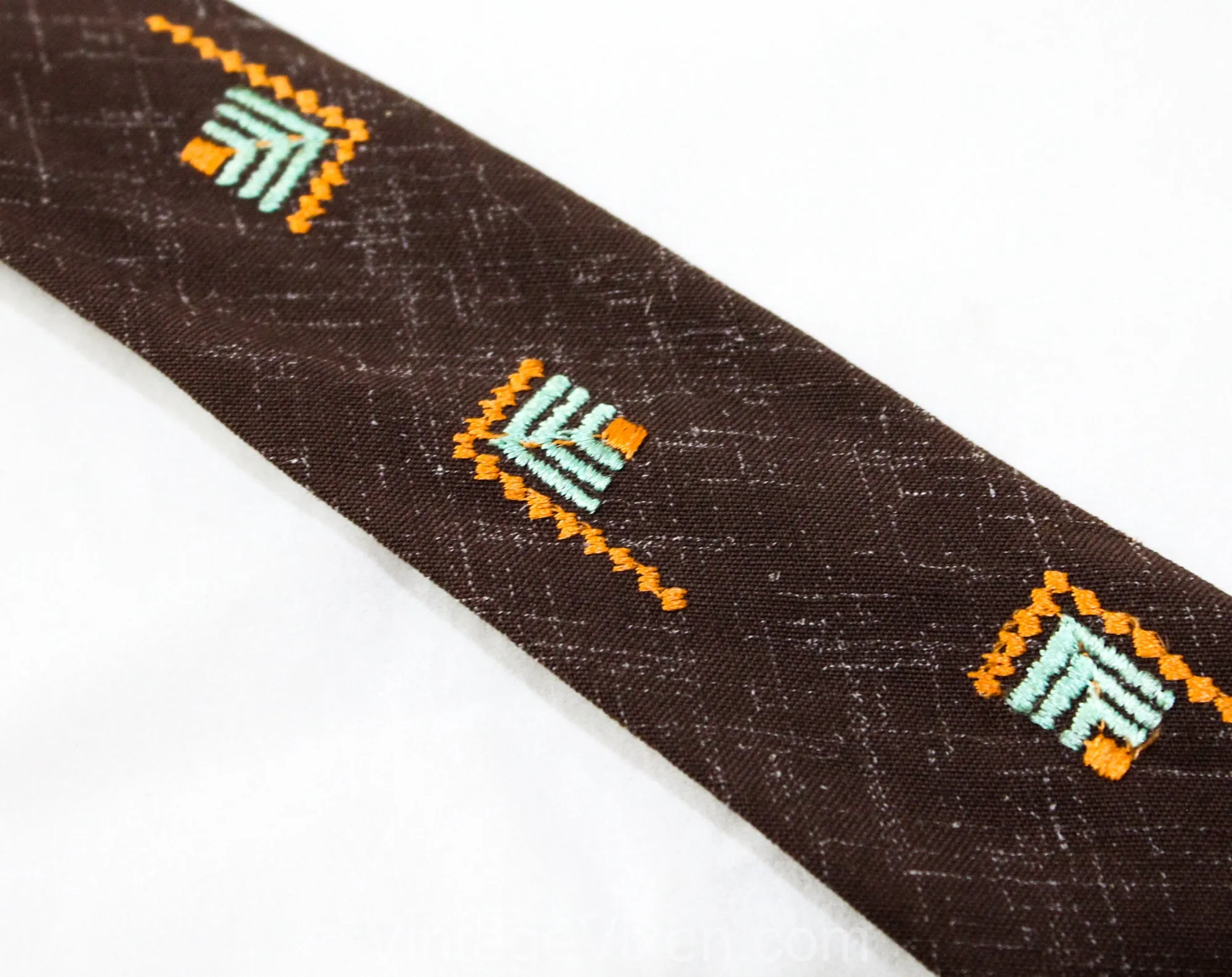 Rockabilly Men's 50s Square End Tie - Brown Summer Rayon Print 1950s Necktie - Collegiate Style with Green & Orange Geometric Embroidery