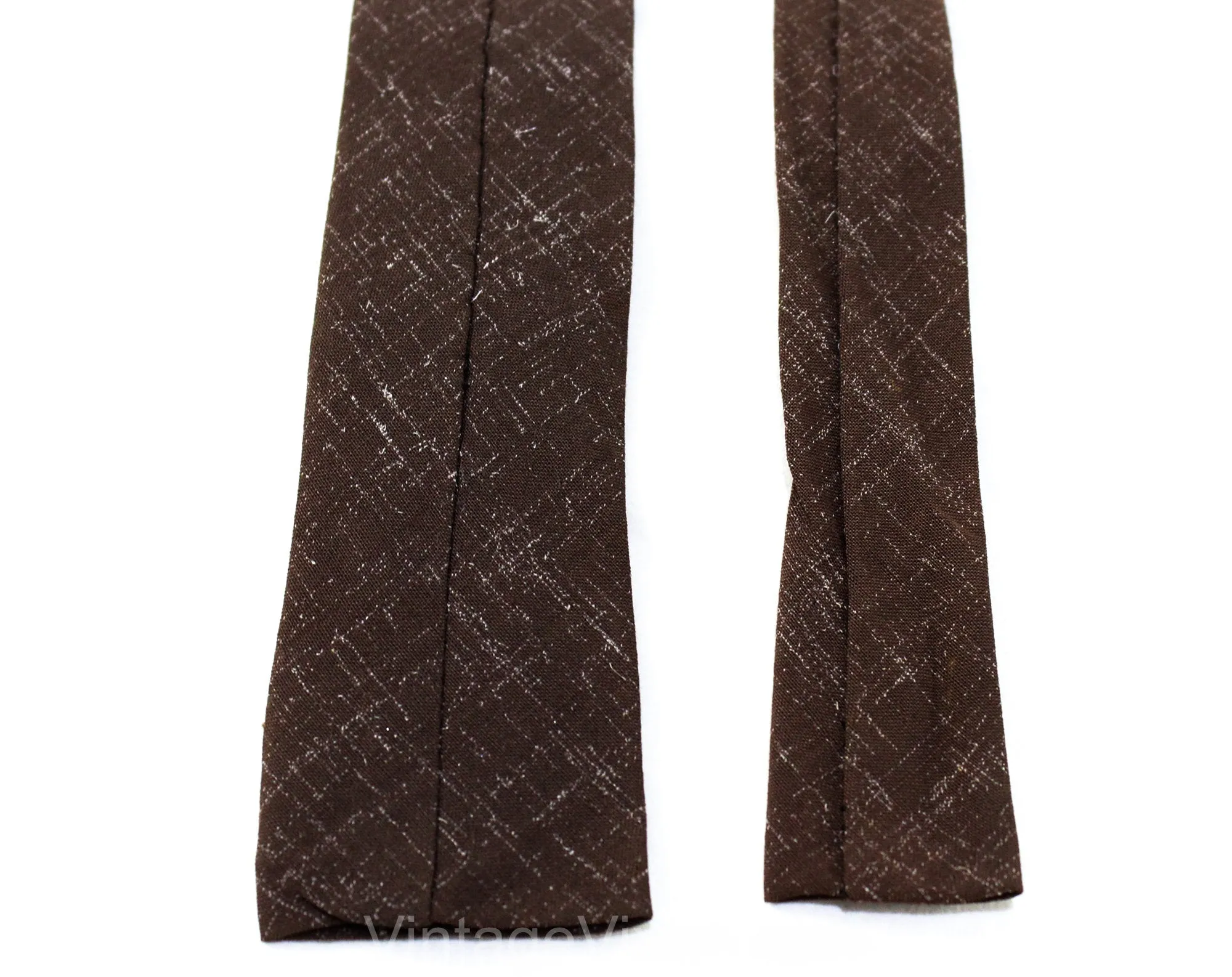 Rockabilly Men's 50s Square End Tie - Brown Summer Rayon Print 1950s Necktie - Collegiate Style with Green & Orange Geometric Embroidery