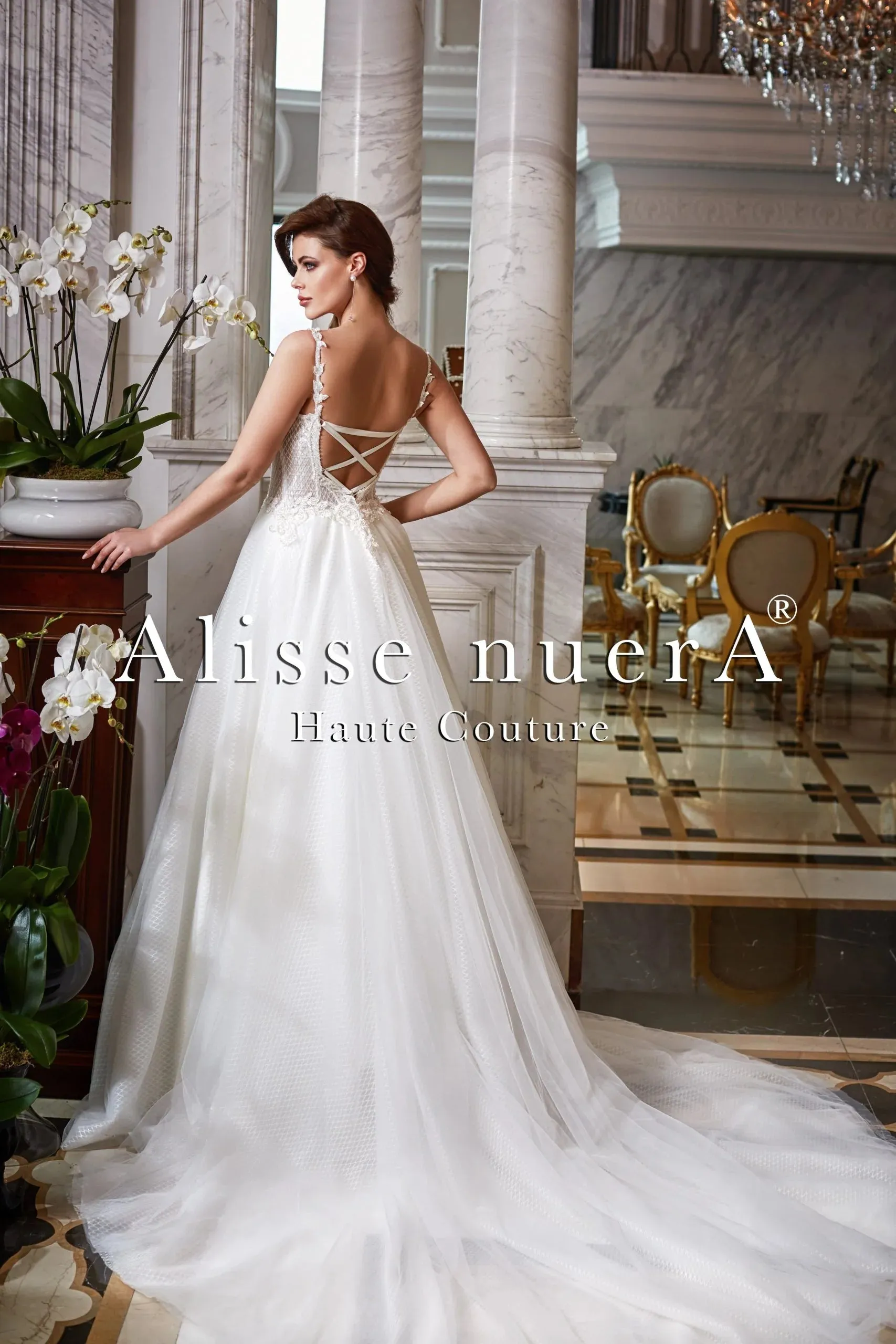 Romantic Embroidery Design Criss Cross Open Back Fishnet Tulle Wedding Dress