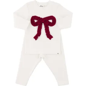 Ruffle Knit Vintage Red Bow Applique L/S 2pc Set