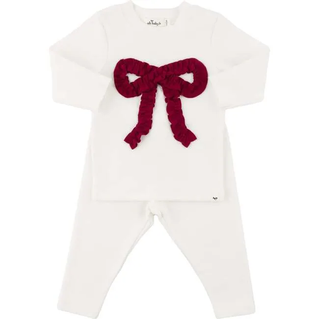 Ruffle Knit Vintage Red Bow Applique L/S 2pc Set