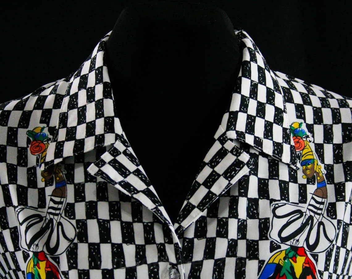 Size 10 Latin Dancers Shirt - 1980s Silky Top - New Wave Chic - 80s - Black & White Checked - Samba Style Novelty Print - Bust 40.5 - 42974