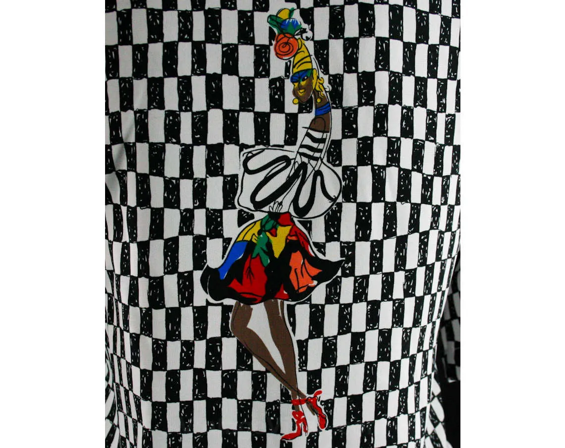 Size 10 Latin Dancers Shirt - 1980s Silky Top - New Wave Chic - 80s - Black & White Checked - Samba Style Novelty Print - Bust 40.5 - 42974