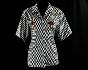 Size 10 Latin Dancers Shirt - 1980s Silky Top - New Wave Chic - 80s - Black & White Checked - Samba Style Novelty Print - Bust 40.5 - 42974