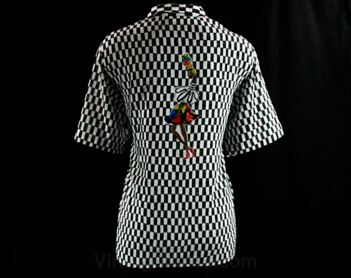 Size 10 Latin Dancers Shirt - 1980s Silky Top - New Wave Chic - 80s - Black & White Checked - Samba Style Novelty Print - Bust 40.5 - 42974