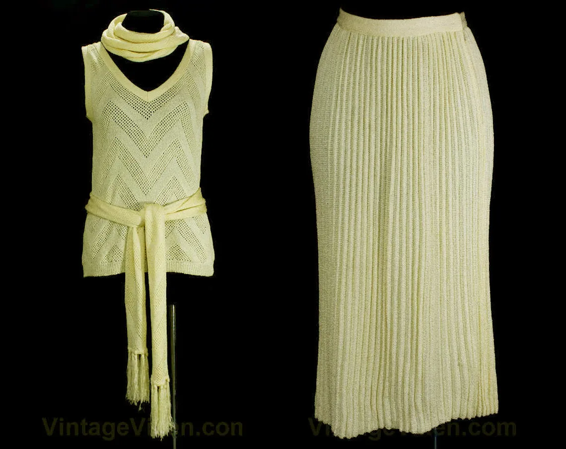Size 4 Flapper Knit Dress - 1920s Style Yellow Four Pc Set - Small 70s Boho Style Knitwear by Knit Bazaar - Shell Skirt & Two Scarves - NOS