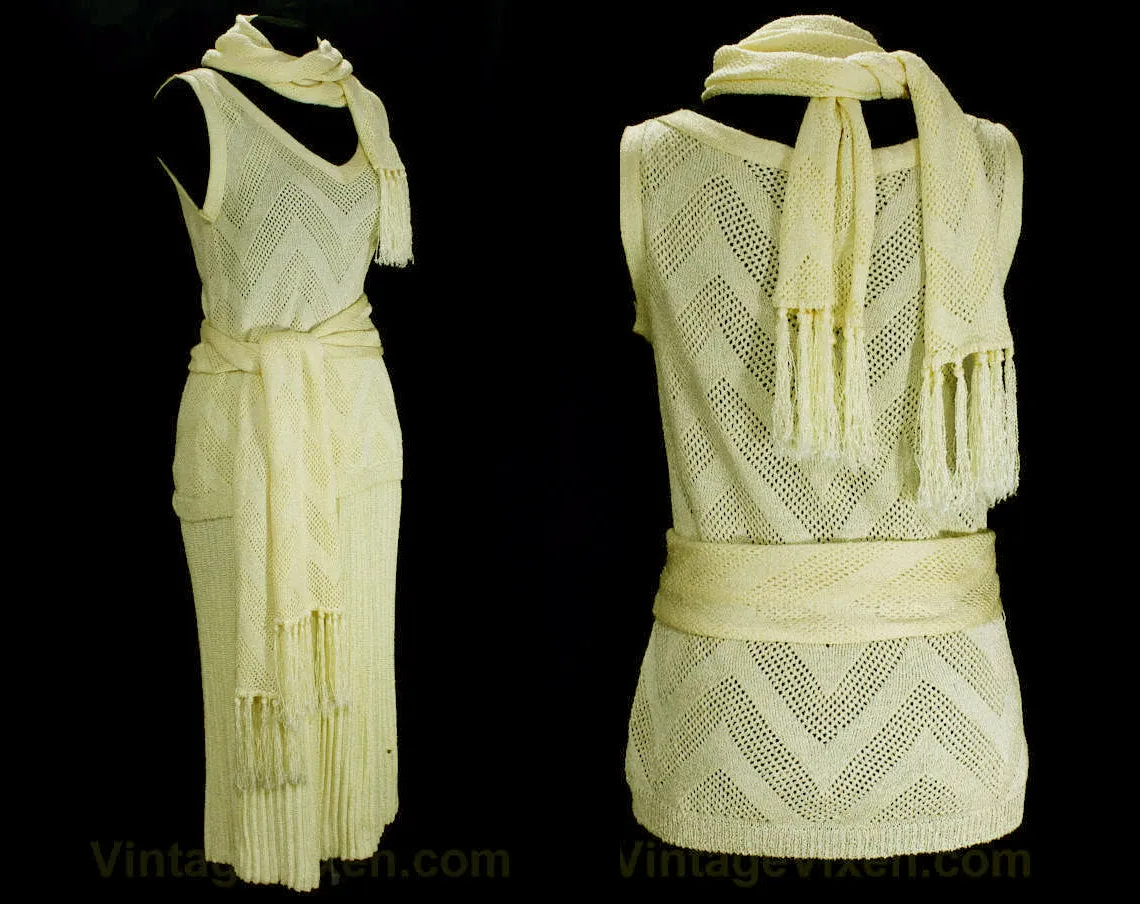 Size 4 Flapper Knit Dress - 1920s Style Yellow Four Pc Set - Small 70s Boho Style Knitwear by Knit Bazaar - Shell Skirt & Two Scarves - NOS