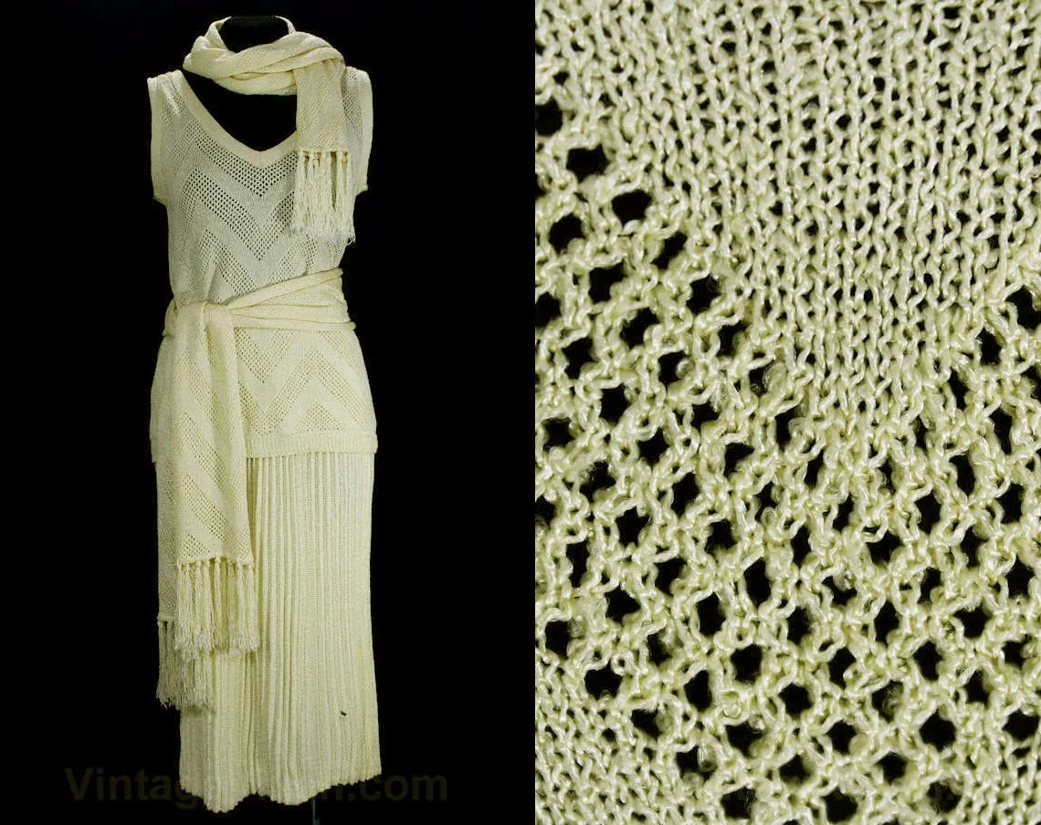 Size 4 Flapper Knit Dress - 1920s Style Yellow Four Pc Set - Small 70s Boho Style Knitwear by Knit Bazaar - Shell Skirt & Two Scarves - NOS