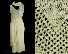Size 4 Flapper Knit Dress - 1920s Style Yellow Four Pc Set - Small 70s Boho Style Knitwear by Knit Bazaar - Shell Skirt & Two Scarves - NOS