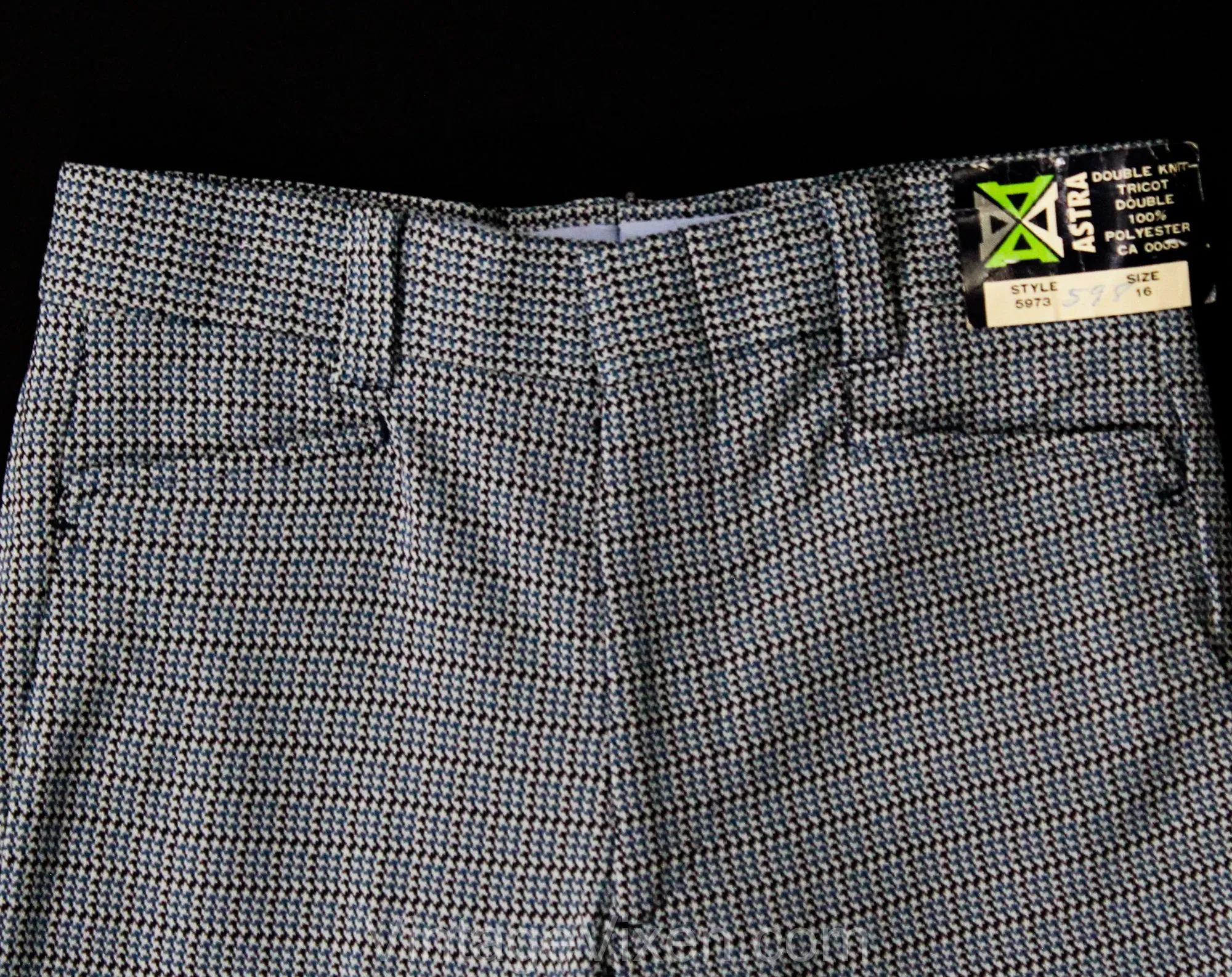 Teen Size 14 16 Blue Polyester 1960s Pants - Teenage Boy's 60s Mod Trouser - Late 60s 70s Houndstooth Double Knit - Waist 27 - NOS Deadstock